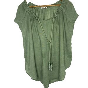 Anthropologie Mustard Seed Womens Blouse Green Boho Scoop Neck Tassel Tie Sz M